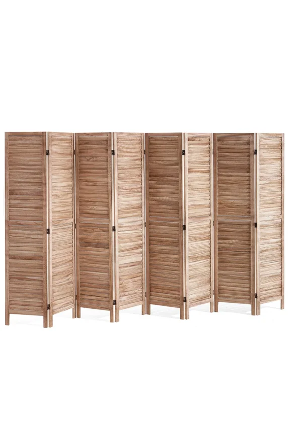 128" European Classic Room Divider, 8-Panel Rustic Privacy Screen, Louvered Paulownia Wood Folding Screen