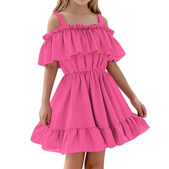 Hrsba Girls Dresses Off Shoulder Neck Pleated Ruffle Hem Casual Summer Dress