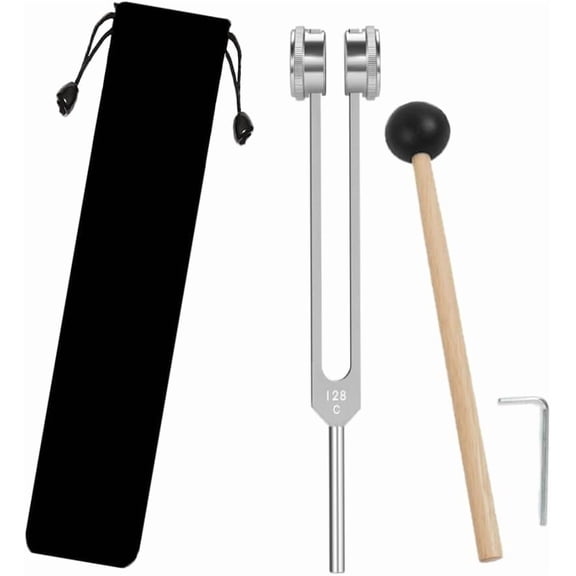 128 Hz Tuning Fork for Chakra, Weighted Alloy Fork with Reflex Hammer and Bag, Sound Meditation Musical Instrument