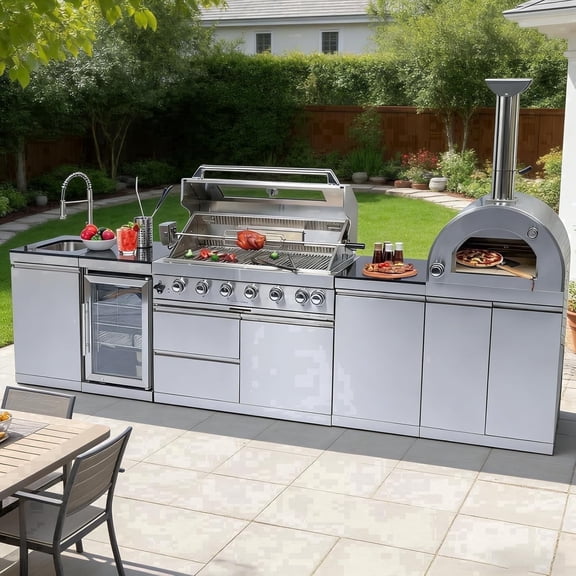 128" Outdoor Kitchen Island Propane Gas Grill Station with Built-in BBQ Grill, Pizza Oven, Refrigerator & Storage Cabinets – 120,000 BTU