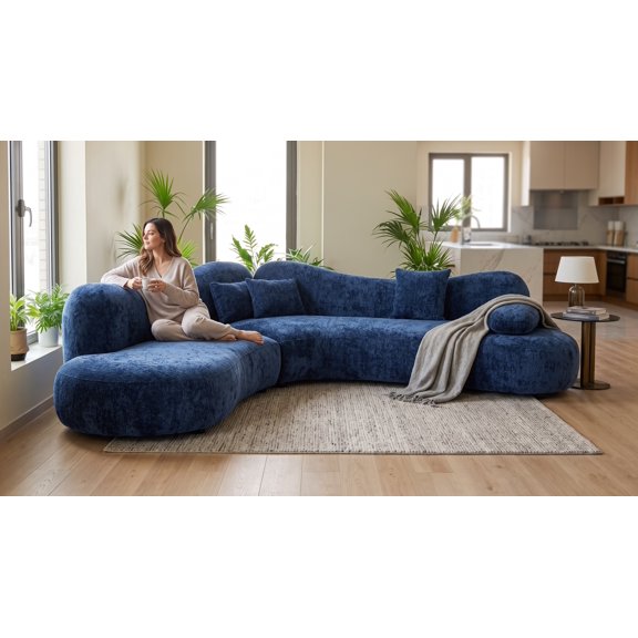128-Inch Navy Blue Curved Sectional Sofa, 2-Piece V-Shaped Chenille Upholstered Cloud Couch with Deep Seats, Rounded Arms, Accent Pillows, Solid Wood Frame, High-Resilience Foam and Spring Support