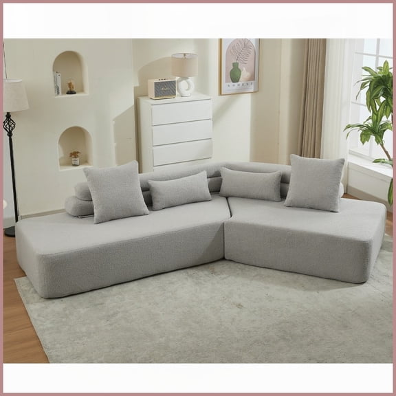 128" Modern Minimalist Boucle Teddy Fabric Cloud Sectional Sofa - 4-Seater, No Assembly, Light Gray