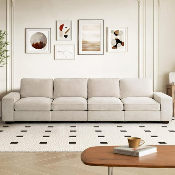 128" Modular Sectional Sofa with Seat Storage,Modern Chenille Couch 4 Seater Sofas for Living Room,Extra Wide Armrest,Side Pockets,Washable Cover,Solid Wood Frame,USB & Type-c(Beige)
