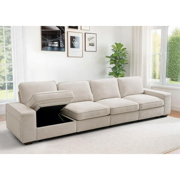128" Modular Sofa Couch with Seats Storage, Comfy 4-Seater Chenille Fabric Sectional Couches for Living Room, Office, Small Space, USB Charging, Side Pockets, Couch with Removable Cover (Beige)