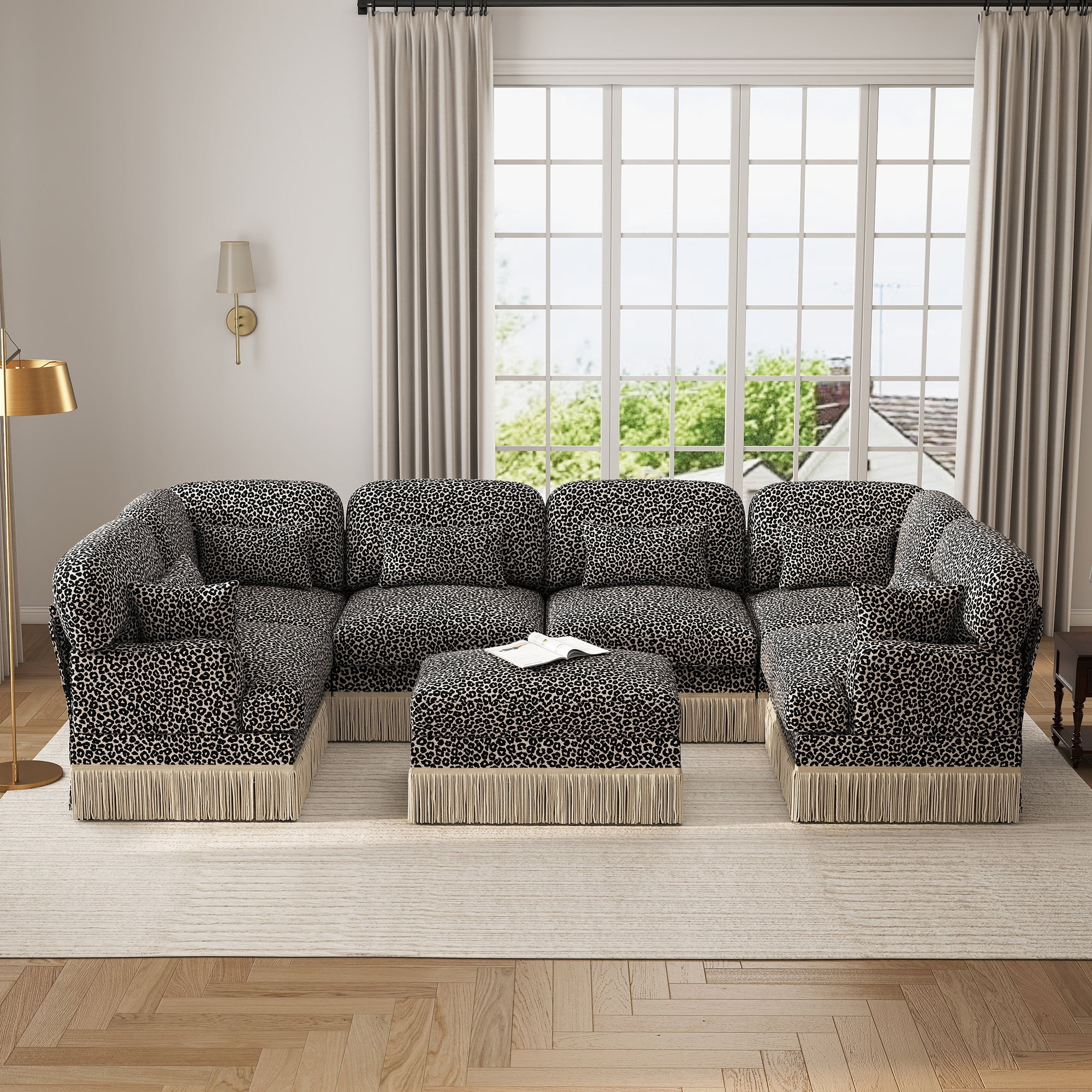 128" Oversized U Shaped 7 Seater Modular Sectional Corner Sofa with 8 Pillows and Ottoman