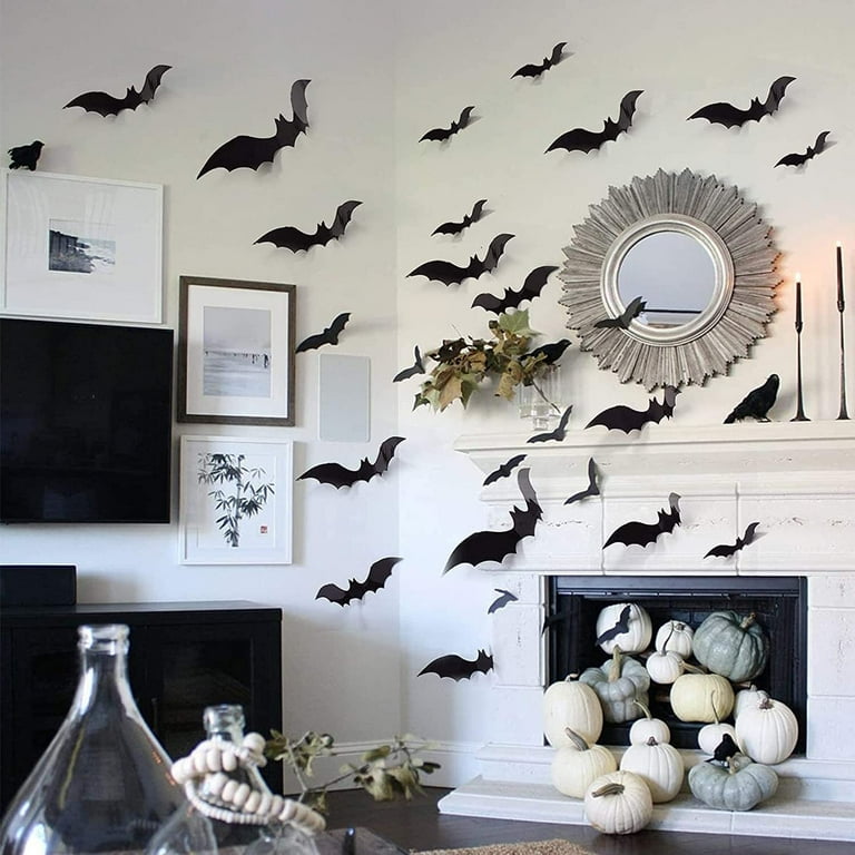 128 PCS 3D Bats Halloween Decorations 4 Sizes Realistic PVC Scary Black Bat Sticker for Home Decor DIY Wall Decor Bathroom Indoor Halloween Party