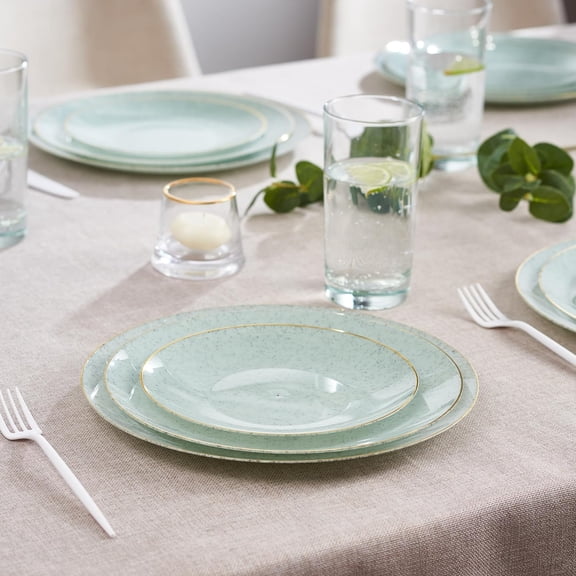 128 Pack Elegant Disposable Plastic Plates Combo Set Bulk Pack Includes 64 Dinner Plates and 64 Salad Plates Heavy Duty Fancy Party Plates Green Granite Plates with Gold rim