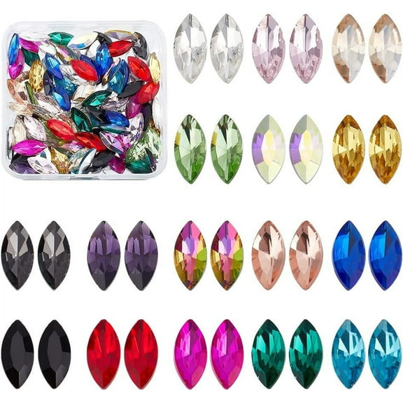 128 Pcs 16 Colors Pointback Horse Eye Shaped Gem Stones 0.6x0.3 inch Glass Rhinestones Gems Jewels Embelishments with Silver Plated Back Crystals Rhinestones for Crafts Jewelry Making Mixed Color