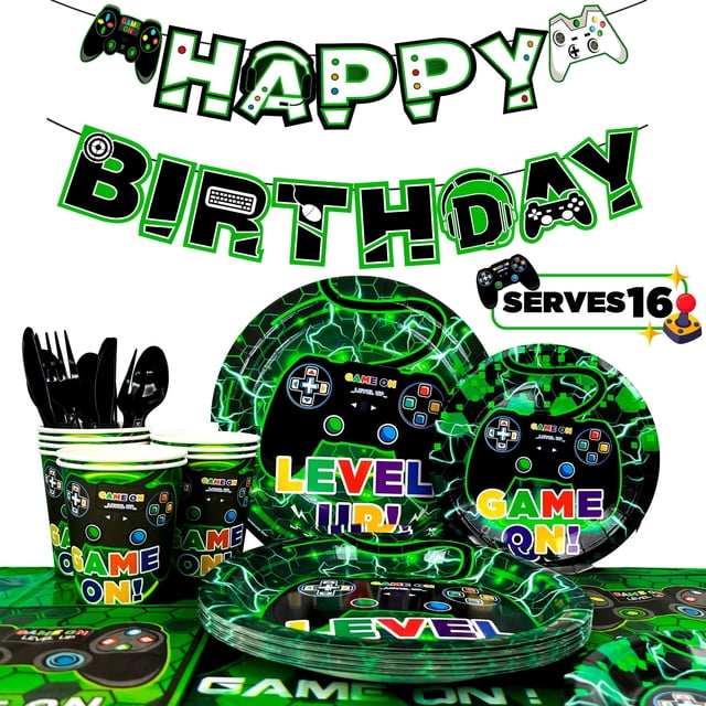 128 Pcs Gamer Birthday Party Decorations, Including Plates Napkins Cups ...