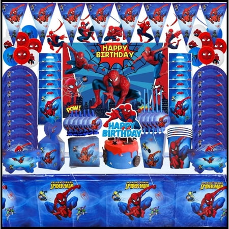 128 Pcs SpiderMan Birthday Party Supplies Set, Spiderman Party Supplies, Party Decorations & Spiderman Tableware Set Party Plates Cups Napkins Tablecloth Balloons Backdrop Banner etc.