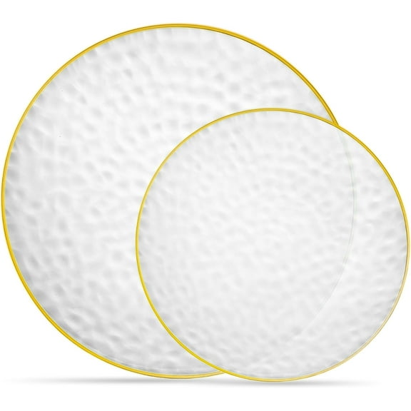 128 Piece Combo Plates Set includes 64 7'' inch Plate & 64 9'' inch Plates Clear Plastic Organic hammered Design Party With Gold Rim,heavyweight Elegant, Dishes,