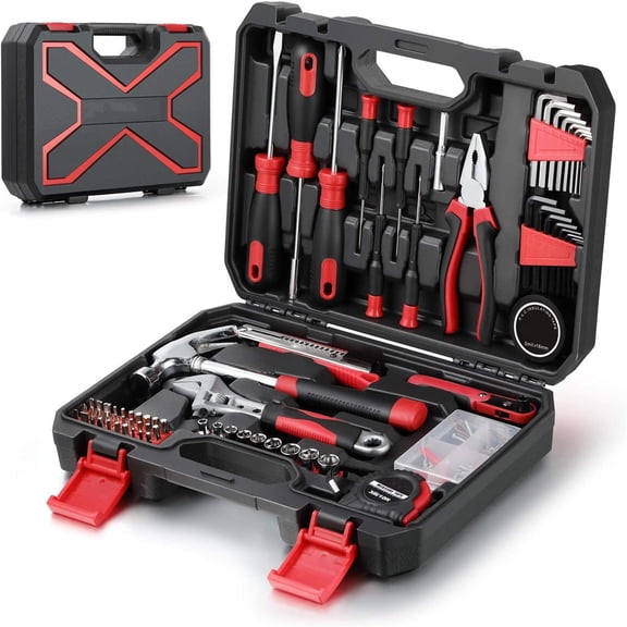 128-Piece Home Repair Tool Set, Tool Sets for Homeowners, General Household Hand Tool Set with Storage Toolbox,Black + Red