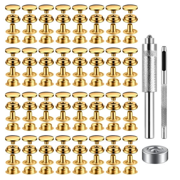 32 Sets Press Studs Cap Button, Stainless Steel Snap Fasteners Kit with Hand Fixing Tools, Instant Metal Buttons No-Sew Clips Snap for Bags, Jeans, Clothes, Fabric, Leather Craft(Gold)