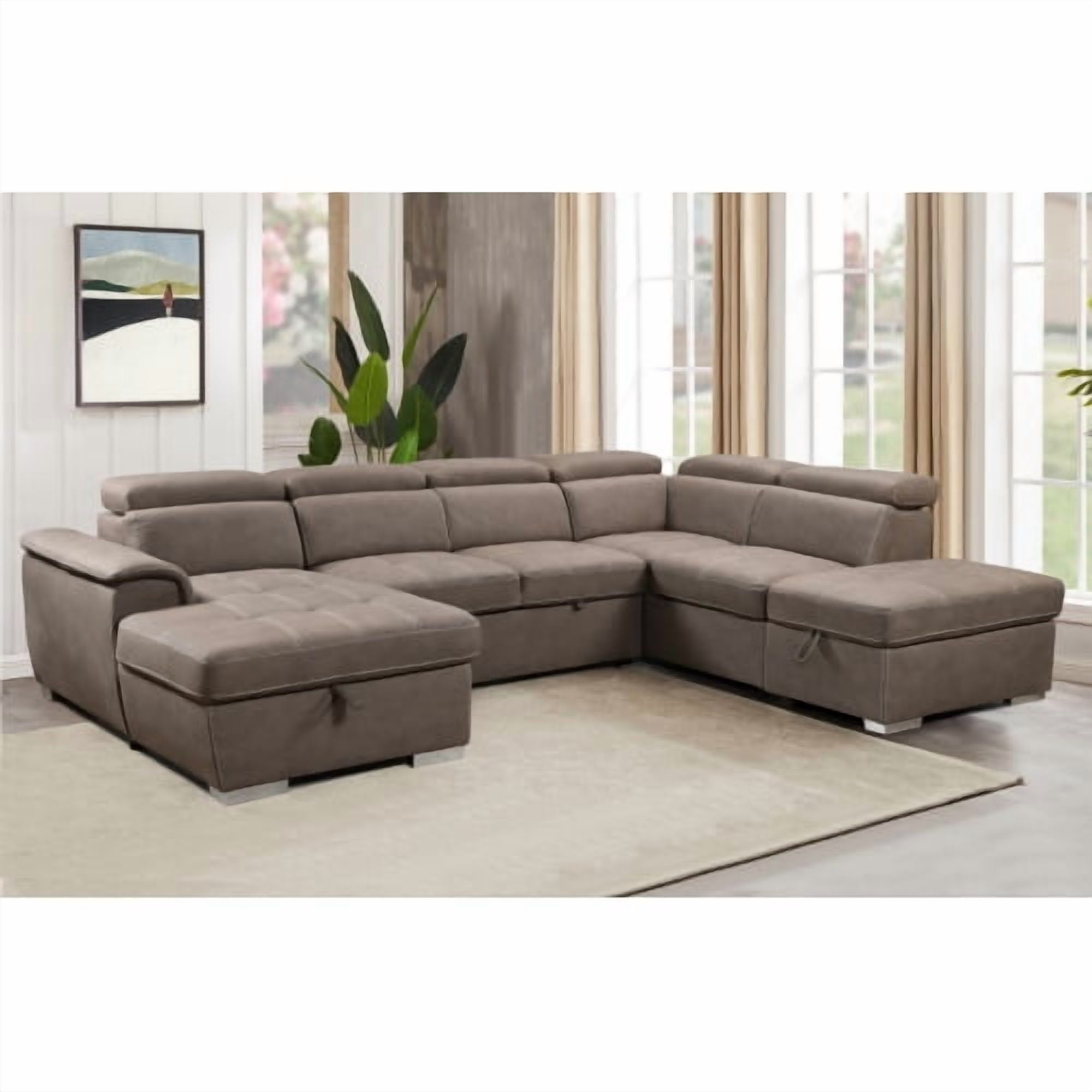 128" Sofa U Shaped Sectional Couch with Ottomans Reversible Modular Sofa 7 Seater Couch with Storage Seat for Living Room with Adjustable Headrest, Brown