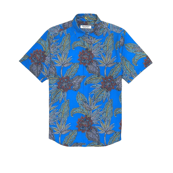 $128 Tommy Bahama IslandZone Bahama Coast Neon Gardens SS Shirt , Blue Canal , S
