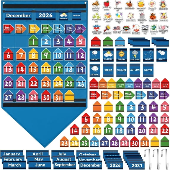128 count Crayon Classroom Calendar Pocket Chart Set Crayon Calendar Bulletin Board with Pocket Festival Weather Date Chart for Elementary School Teacher Supplies
