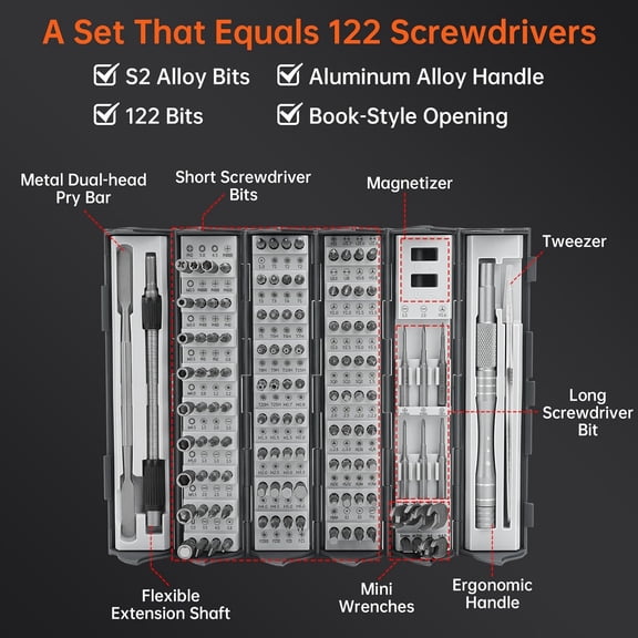128-in-1 Precision Screwdriver Set - Father's Day Gift, Ratchet Screwdriver Set, Professional Magnetic Repair Kit with 122 Bits, Compatible with Phone, Camera, Laptop, Watch