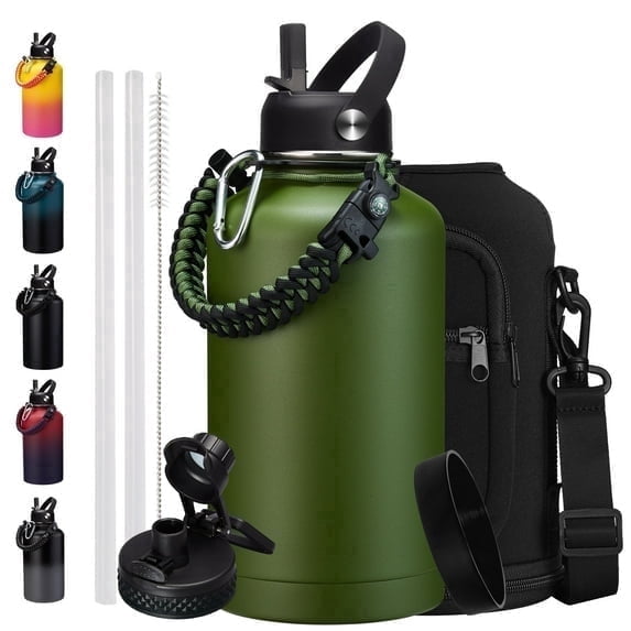 Stainless Steel Water Bottles 128oz Cold-48h Vacuum Insulated 1 Gallon Jug Large Water Bottle with Straw & Chug Lid, Paracord Handle, Strap Carry Bag, Metal Tactical Canteen