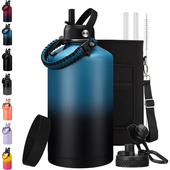 128 oz Insulated Water Bottle with Carrier Bag, 1 Gallon Metal Water Jug Keep Cold-48H Hot-24H, Giant Water Jug with Straw Lid & Spout Lid, Paracord Handle, Gallon Water Canteen for Work