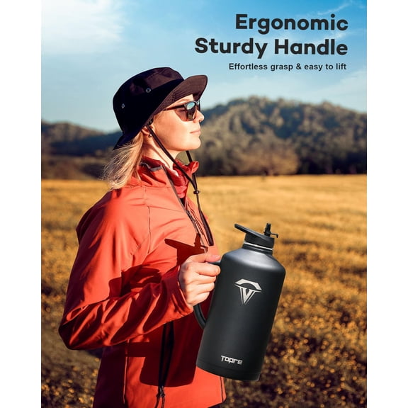 128 oz Insulated Water Bottle with Straw and Lid, One Gallon Stainless Steel Cup with Handle, Leakproof Metal Travel Jug Flask Mug Tumbler Cup With Carry Pouch and Brush, Keep Cold & Hot, Black