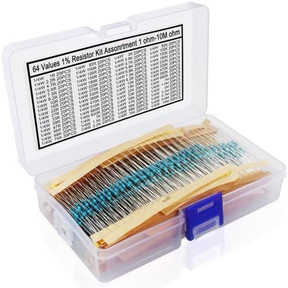 1280 Pieces 64 Values Resistor Kit, 1% Assorted Resistors 1 Ohm-10M Ohm 1/4W Metal Film Resistors Assortment for DIY Projects and Experiments