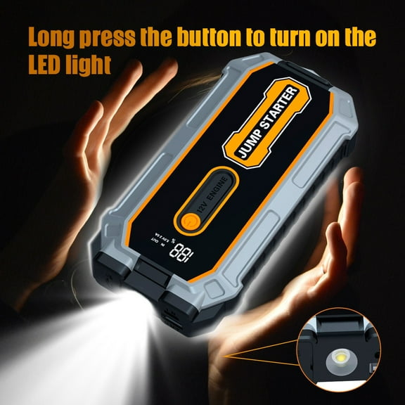 12800mAh Car Battery Charger Portable Jump Starter for 12V Vehicles with LED Flashlight Smart Clamps USB Power Bank