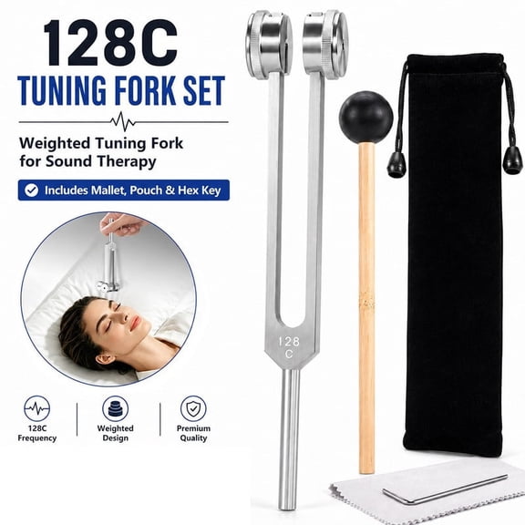 128C Weighted Tuning Fork Set, Resonance Sound Tool with Silicone Mallet Storage Pouch for Meditation Sound Practice