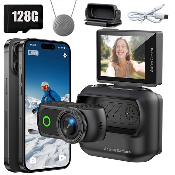128G Magnetic Flip Screen Action Camera, 4K 48MP Mini Wearable POV Body Cam, Detachable with 2in Touch Display, Dual Battery Dock for Vlogging Cycling Sports (Black-128G)