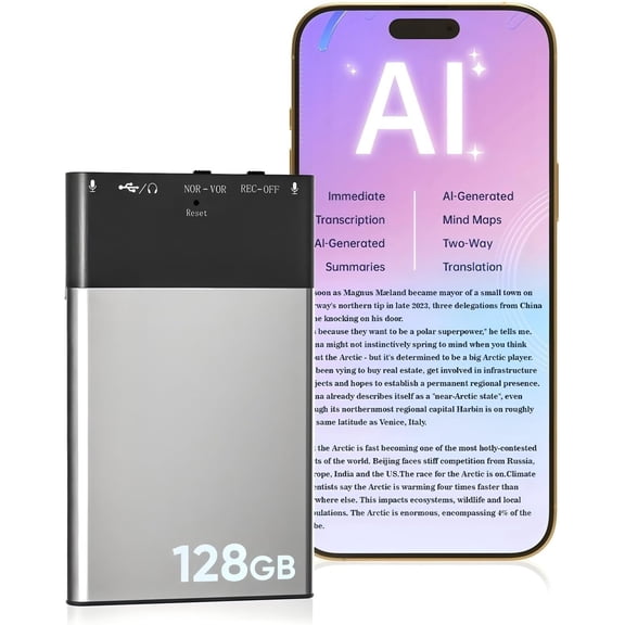 128GB AI Voice Recorder, Note Voice Recorder - Transcribe & Summarize, AI Noise Cancellation Technology, Supports 118 Languages, APP Control Audio Recorder for Lectures, Meetings, Calls