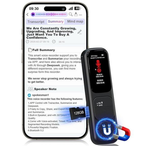 128GB AI Voice Recorder  Real-Time Translation & Transcription, 3072kbps HD Audio, Smart APP Control, Auto Meeting Summary for Lectures, Interviews & Business.