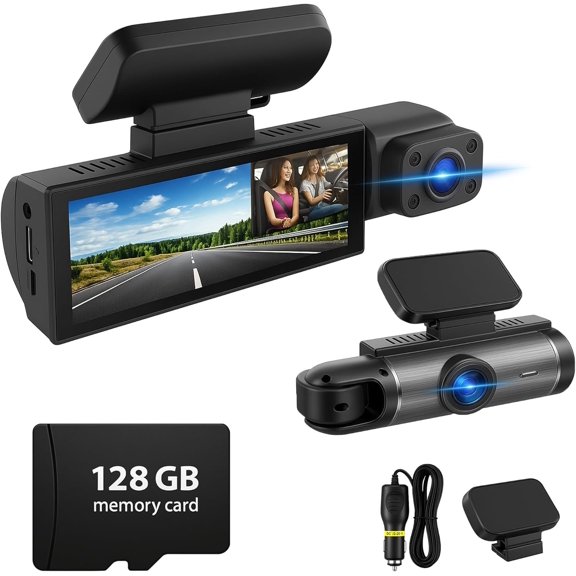 128GB Dash Cam Front and Rear for with Night Vision, 1080P Dual Lens Dash Camera Inside and Outside, 24H Parking , Motion Detection, Loop Recording, Camera with Audio