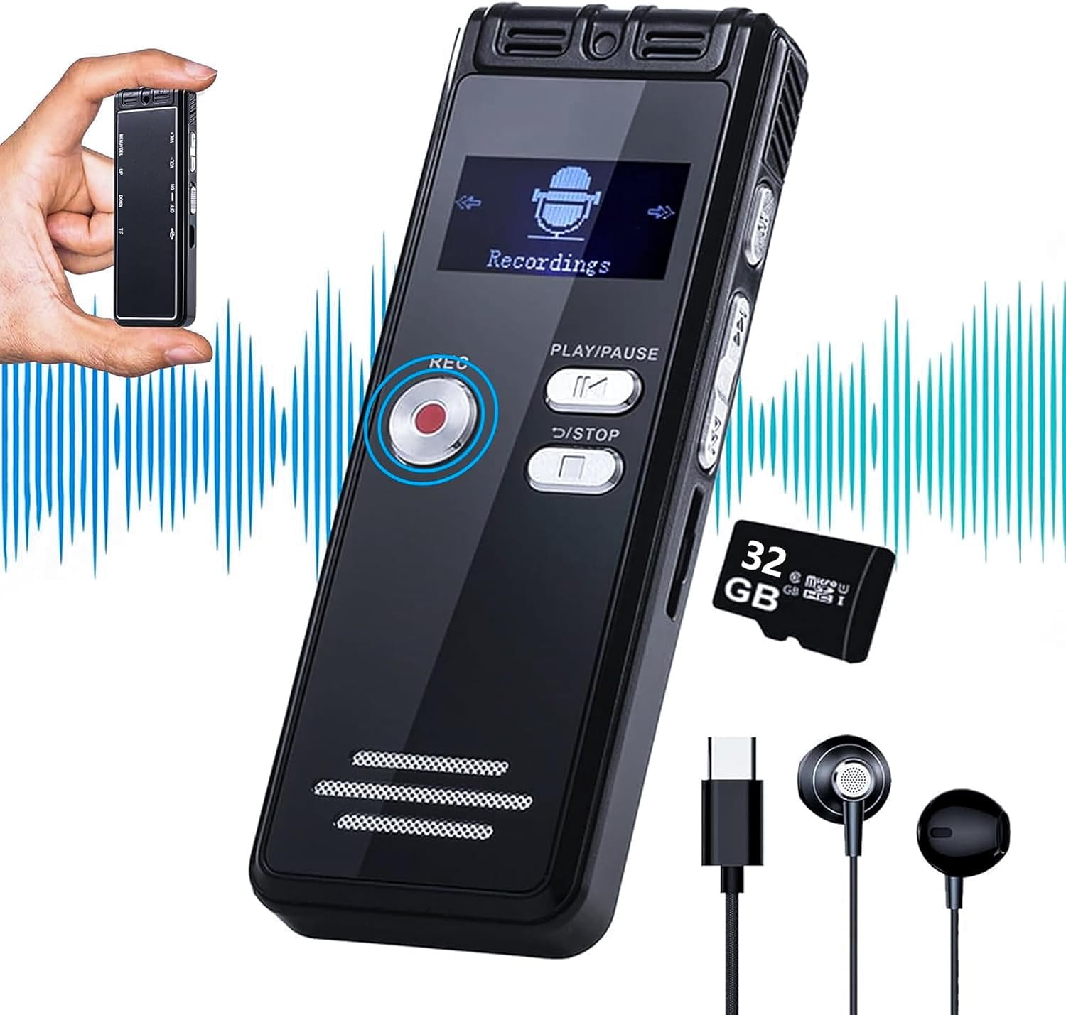 128GB Digital Voice Recorder Activated with Playback - 3072 Kbps HD Recording and Noise-Canceling Voice-Activated Recording, Audio Recording Device