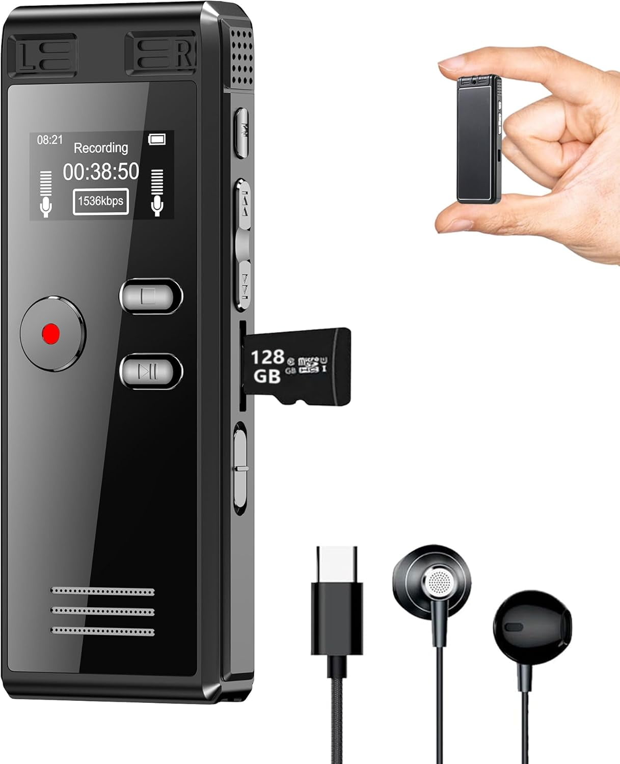 128GB Digital Voice Recorder with Playback, 3072 Kbps HD Voice Activation Recording, Noise Reduction, Lecture Conference Audio Device, A-B Loop, MP3 Player