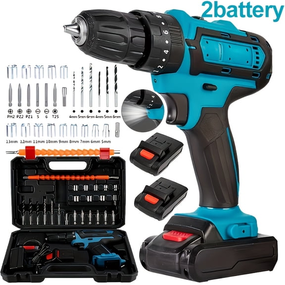128PCS Cordless Drill Tool Set Rechargeable Lithium-Ion Battery 25+1 Torque Speed Adjustment LED Light Compact Design for Home Garden Office Maintenance Repair