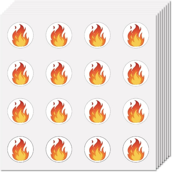 128Pcs 8 Sheets Fire Decals Small Flame Sticker 0.98 inch Self-Adhesive Waterproof Plastic Round Dot Cartoon Scrapbooking Labels Decoration for DIY Making