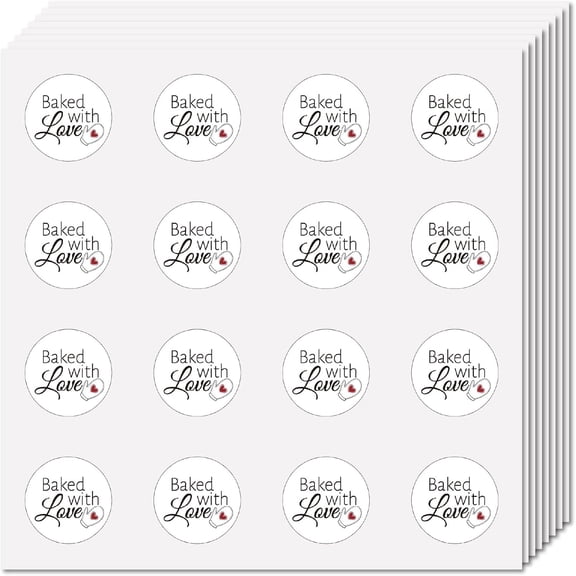 128Pcs Baked with Love Small Stickers Decal Self-Adhesive Waterproof Plastic Sticker Round Bulk Dot Stickers for Baked Cookies Wrapping Packing Water Bottles Decoration DIY Crafts 2.5x2.5cm