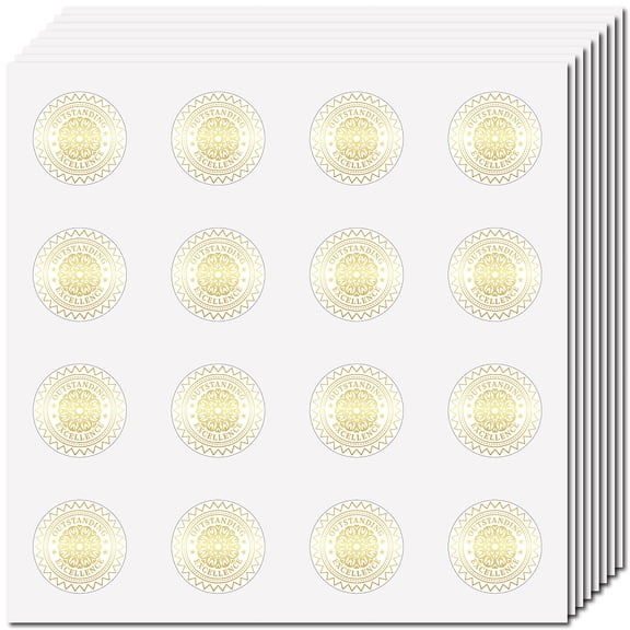 128Pcs Certificate Seal Stickers Outstanding Excellence Words Vinyl Decal Self-Adhesive Waterproof Round Gold Stickers