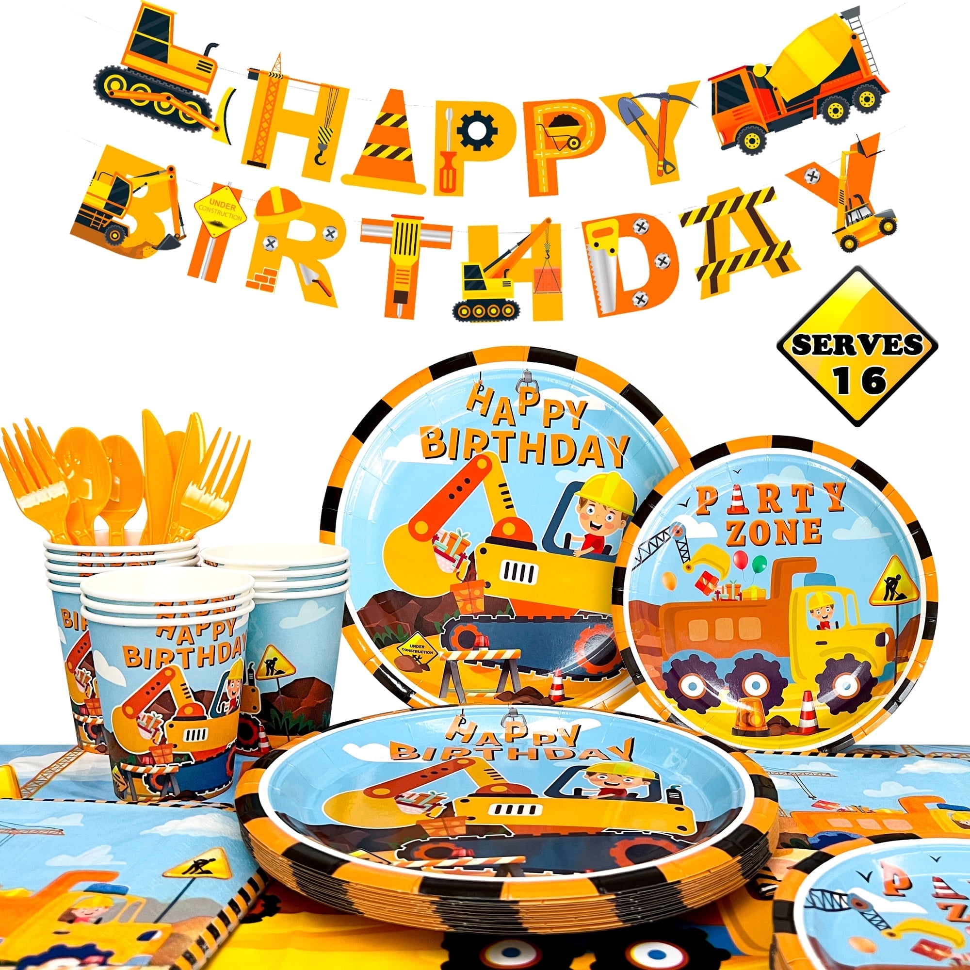 128Pcs Construction Party Supplies Tableware Set Included Construction Birthday Party Plates,Cups,Napkins,Knife Fork Spoon And Tablecloth