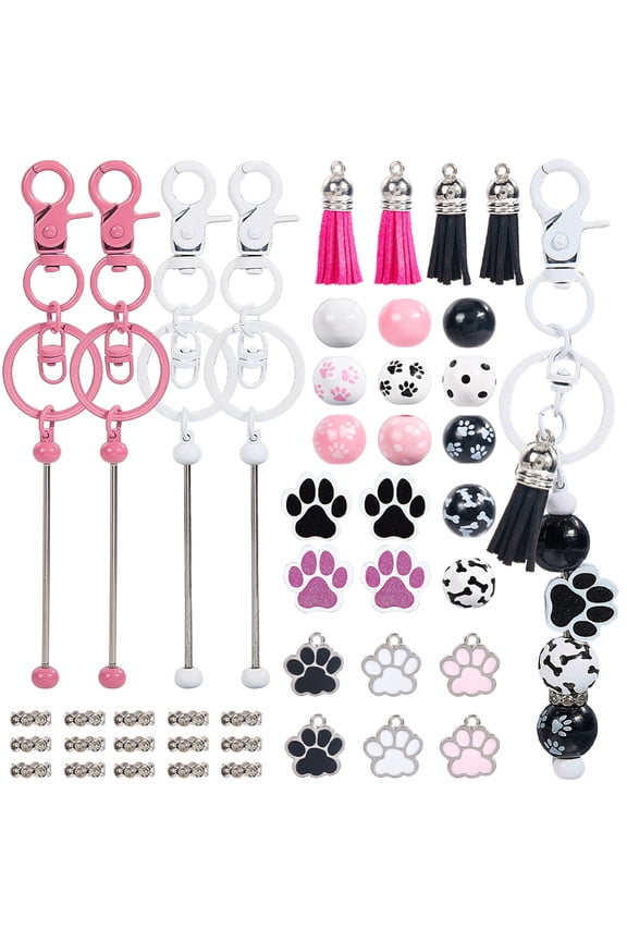 128Pcs DIY 12 Sets Beadable Keychains Set Beadable Keychain Bulk Wood Round Beads Dog Cat Animal Pets Paw Print Charms Bar Key Chain for Women Adults