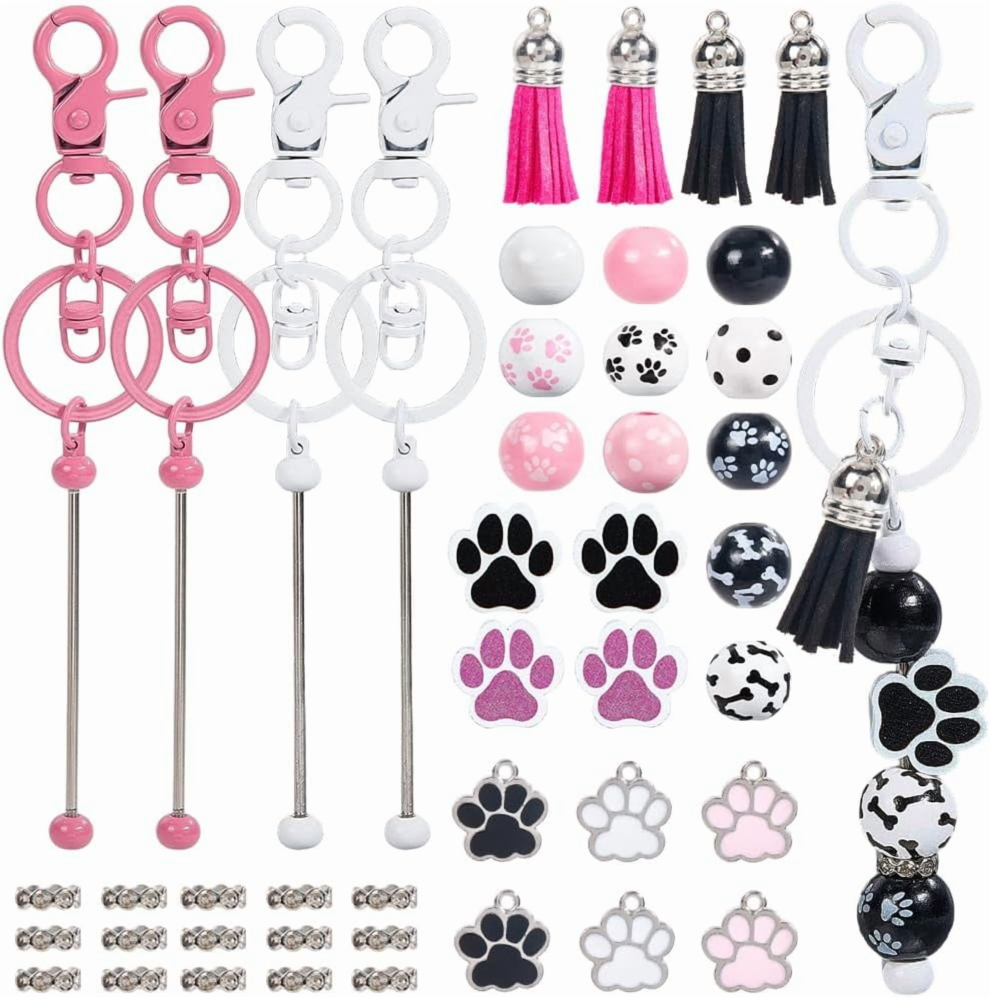128Pcs DIY 12 Sets Beadable Keychains Set Beadable Keychain Bulk Wood Round Beads Dog Cat Animal Pets Paw Print Charms Bar Key Chain