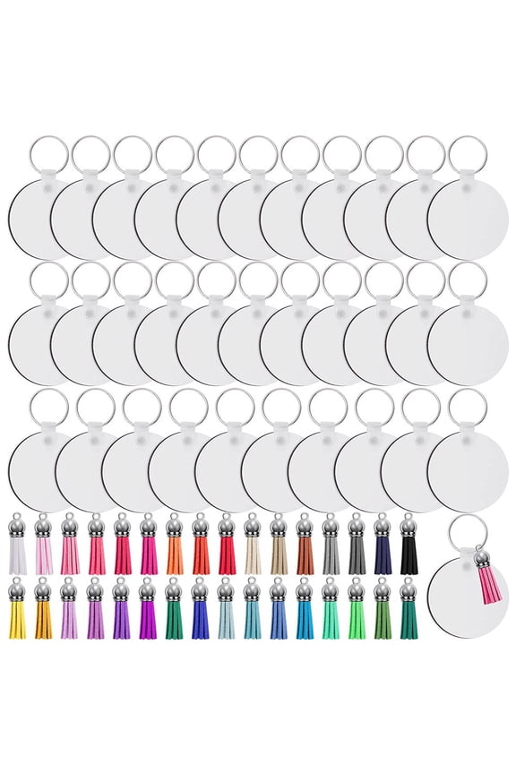 128Pcs Sublimation Keychain Blanks Set Key Rings Heat Transfer Tassels MDF Blank-Round