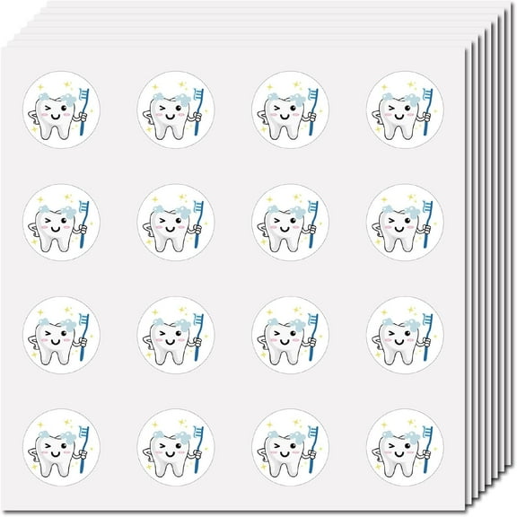 128Pcs Tooth Planner Stickers Helmet Sticker Decals Self-Adhesive Waterproof Toothbrush Dentist Sticker Round Dot Cartoon Decal Bulk Tags for Scrapbooking Craft Water Bottles Laptop 2.5cm