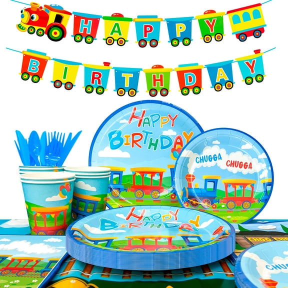128Pcs Train Birthday Party Supplies & Tableware Set Includes Train Plates, Cups, Napkins, Birthday Banner, Tablecloth & More.