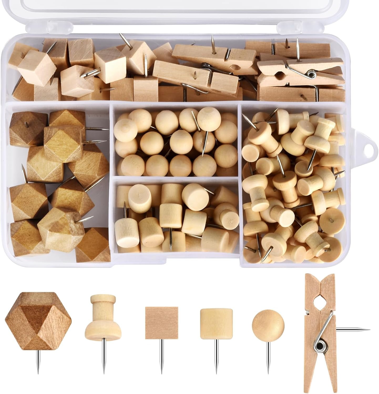 128Pcs Wood Push Pins, Thumb Tacks for Decorative, Wooden Pins and ...