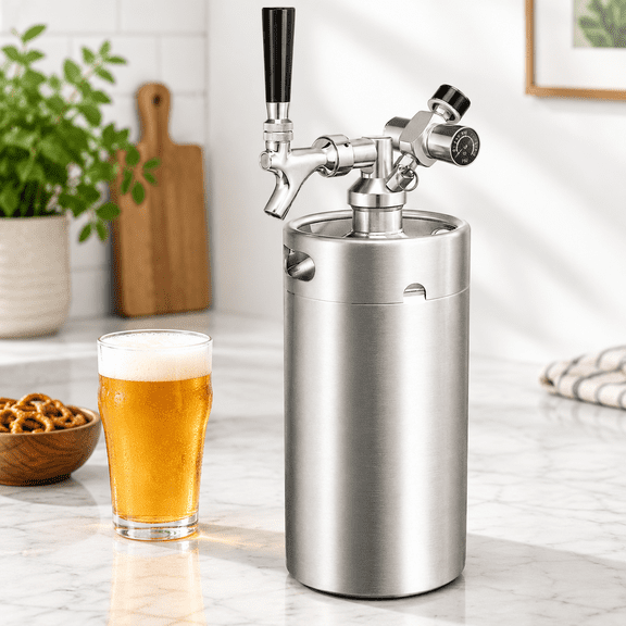 128oz Mini Keg Growler Draft Beer Dispenser, Stainless Steel Beverage System