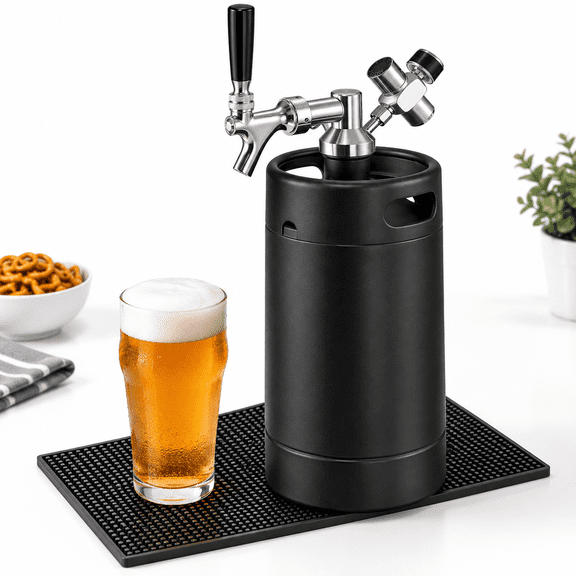 128oz Pressurized Mini Keg Beer Growler with Tap and CO2 Regulator, Stainless Steel Draft Dispenser for Homebrew, Matte Black