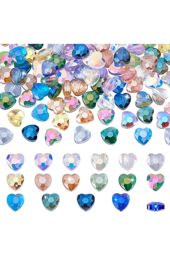 128pcs 16 Colors Faceted Glass Beads Glittery Heart Beads Rainbow Plated Clear Craft Bead Glass Spacers for Bracelet Necklace Jewellery Making Hanging Decorations 10x10x4.5mm