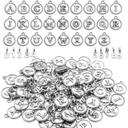 128pcs Antique Silver Alphabet & Number Charms - Round Letter A-Z & Numbers 0-9 Pendants - Mixed Alloy Charms for DIY Necklace & Bracelet