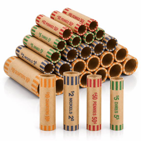 128pcs Assorted Coin Wrappers Rolls,Preformed Coin Wrapping Tubes - Quarters,Pennies,Nickels,Dimes