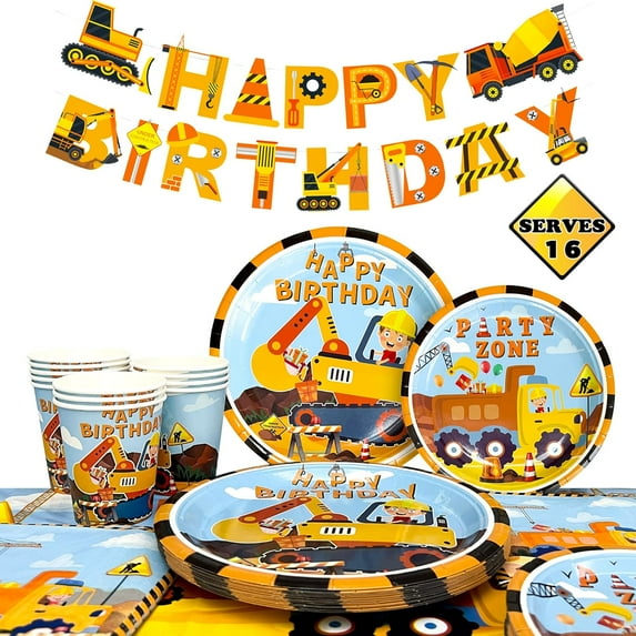 128pcs Construction Party Supplies Tableware Set-Construction Birthday Party Plates Cups Napkins Tablecloth Banner etc Construction Party Tableware for Dump Truck Excavator Construction Theme Party
